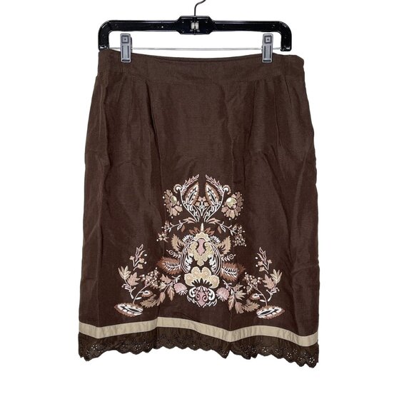 LOFT Dresses & Skirts - Loft Skirt Womens 10P Petites A Line Brown Linen Blend Embroidered Boho Fall